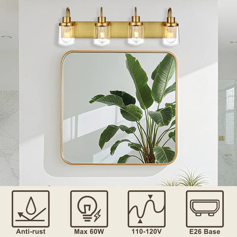 4 Light Vanity Light In Painted Gold Finish With Clear Glass Shades, Farmhouse Style Wall Lamp Fixture Above Mirror