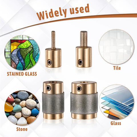 Stained Glass Diamond Grinder Bit Set With 1 3/4 Inch, 1/4 Inch, And 1/8 Inch Heads, Brass Core, suitable for glass, tile, stone.