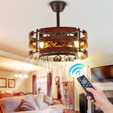 20 Inch Caged Ceiling Fan With Light And Remote, Black Rustic Flush Mount Industrial Enclosed Ceiling Fan With Six Speeds For Bedroom Living Room Dining Room, Chill Farmhouse Vibe displayed in a cozy living room.