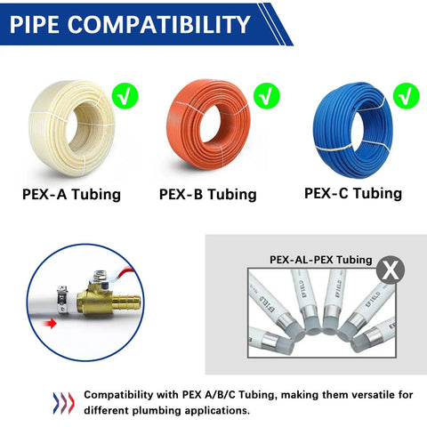 Three Quarter Inch PEX Ball Valve Kit compatible with PEX A/B/C tubing, unsuitable for PEX-AL-PEX, shown with red and blue color coding.