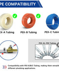 Compatibility chart showing PEX-A, PEX-B, and PEX-C tubing with check marks and PEX-AL-PEX tubing with an X for PEX ball valves set