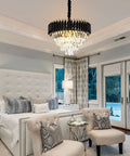 Bedroom with 15 Inch Five Light Modern Crystal Chandelier With Three Tier Black And Gold Finish, luxury lighting fixture