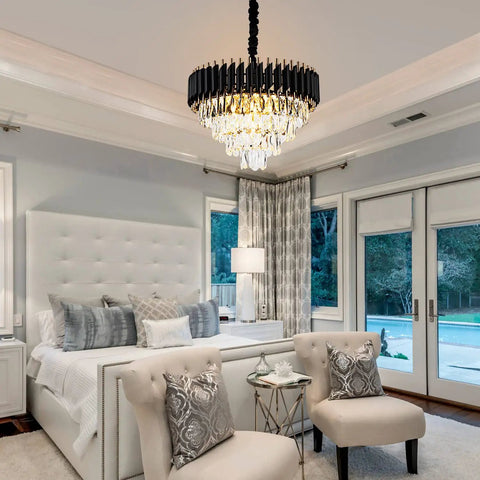 Bedroom with 15 Inch Five Light Modern Crystal Chandelier With Three Tier Black And Gold Finish, luxury lighting fixture