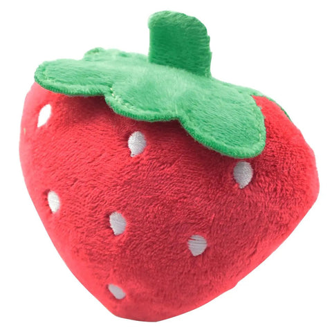 Handcrafted Plush Strawberry Dog Chew Toy Featuring Hella Durable Stitching Super Bright Red Interactive Cat Scratcher For Dope Playtime Premium Pet Plaything, red plush toy with green leaves.