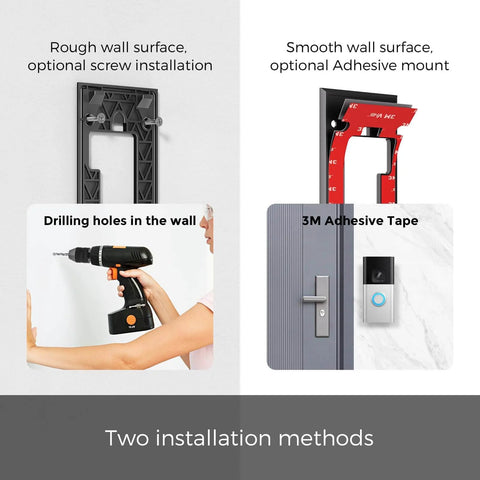 No Drill Doorbell Mount With Mega Strong 3M VHB Adhesive Battery Video Doorbell Holder For Renters And Offices Damage Free Wall Mounting Plate Easy Install Accessories Kit For Quick Setup showing two installation methods, optional drill and adhesive.