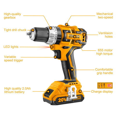 20V Brushless Impact Drill Kit With Metal Shell And Efficient Cooling featuring LED lights and variable speed trigger