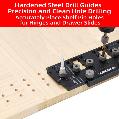 Pro Grade All Metal Shelf Pin Jig for cabinet hardware drilling guide on wooden plank with precise hole alignment