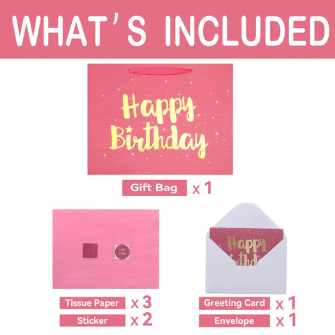 Image of Extra Large Pink Birthday Gift Bag Set With Handles, Greeting Card, Tissue Paper And Stickers, Starry Night Design.