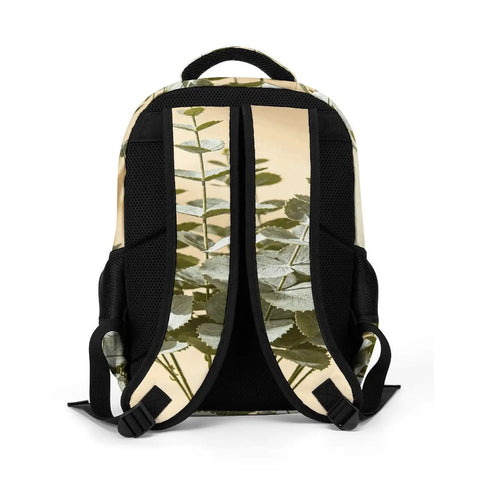 Back view of Soft Shadow Neutral Plant Print Unisex Backpack showing breathable straps and plant design, large capacity daypack.