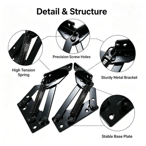 Detail view of Heavy Lifter 90 Degree Bench Seat Hinge Pair, showcasing high tension springs and precision screw holes.
