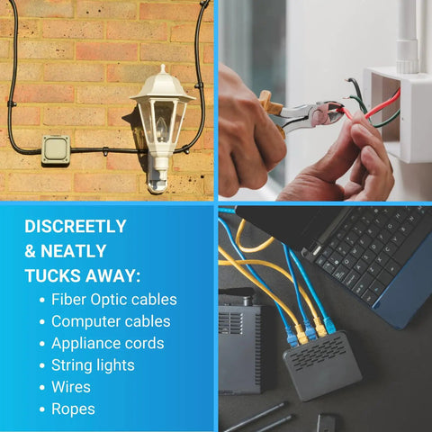 Various cables organized with coaxial cable clips and wire organizer clips for desk TV mounts siding and cord management.