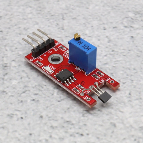KY 024 Linear Magnetic Hall Effect Sensor Module with adjustable sensitivity potentiometer, analog and digital outputs for microcontrollers.