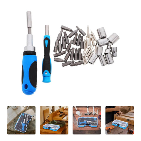 Gutsy Heavy Duty Ratchet Socket Wrench Kit With Extra Screwdriver Bits And A Snap Shut Carry Case with bits and tools displayed.