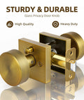 Vintage Style Brass Finish Square Door Knob With Privacy Lock, Interior Door Knob For Bedroom And Bathroom, Lockable Antique Look Door Handle, Old School Classic Vibe