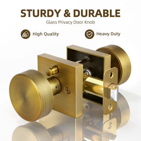 Vintage Style Brass Finish Square Door Knob With Privacy Lock, Interior Door Knob For Bedroom And Bathroom, Lockable Antique Look Door Handle, Old School Classic Vibe