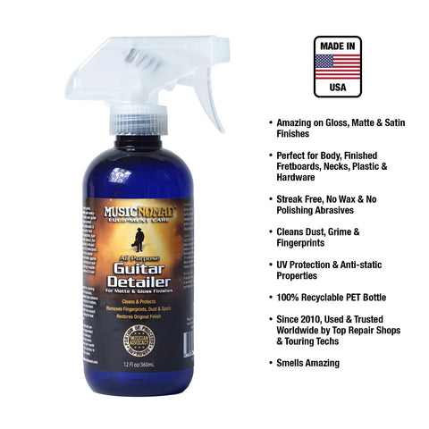 Guitar Detailer For Matte And Gloss Finishes 12oz bottle with spray nozzle, USA made, features UV shield, cleans fingerprints, dust, spots.