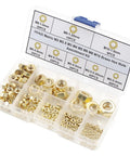 195 Piece Brass Hex Nut Set M2 To M10 Coarse Thread DIN 934 Assortment Kit for electronics, displayed in a plastic organizer.