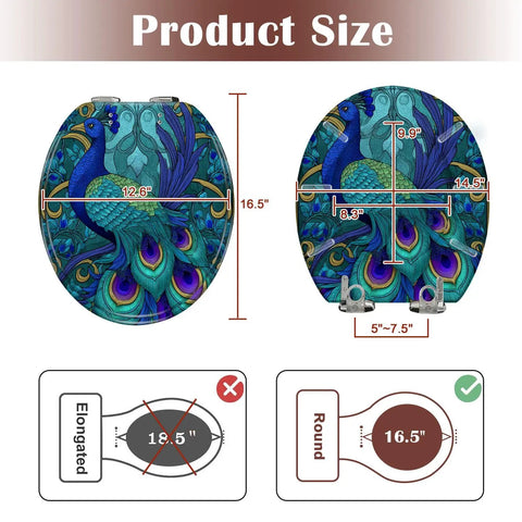 Round Toilet Seat Replacement for Bathroom with peacock design, measures 16.5 inches length and 14.5 inches width.