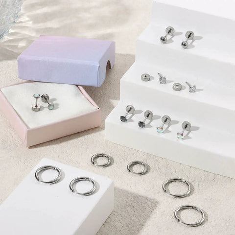 Hypoallergenic Surgical Steel Earrings For Sensitive Ears, Unisex Stud Hoop With Opal And AAA Cubic Zirconia, Flat Back Cartilage Earring Studs, Small Ball Hoop, Nickel Free, Tarnish Resistant, Silver Tone, assorted studs and hoops
