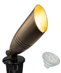 Beefy Solid Brass Landscape Spotlight With 5W MR16 LED Bulb, Low Voltage Outdoor Uplight, Wet Location Rated, Die Cast Brass Housing With Glare Guard, Clear Lens, Rugged Spike Stake For Garden Patio Lighting, 12V AC DC, shown with LED bulb