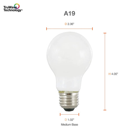 LED TruWave Natural A19 Light Bulbs 60W Equivalent, 8W Low Energy LED, 800 Lumens, labeled dimensions, medium base, front view