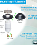 Heavy Duty Foot Operated Tub Stopper With Brushed Nickel Cap And Tight Sealing Rubber Gasket assembly parts laid out for installation guide.