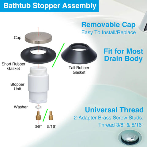 Heavy Duty Foot Operated Tub Stopper With Brushed Nickel Cap And Tight Sealing Rubber Gasket assembly parts laid out for installation guide.