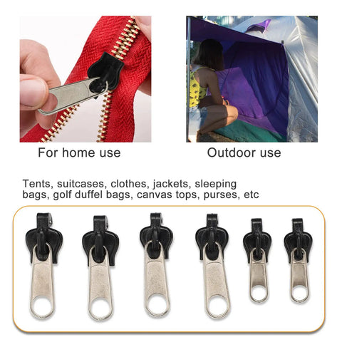 Universal Zipper Repair Kit 12Pcs Black Quick Fix With Replacement Sliders Teeth And Stops For Clothes Bags And More Easy DIY Zipper Repair Kit For Sewing Notions And Fasteners shown for home and outdoor use