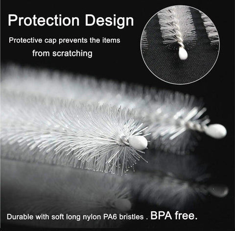 Close-up of Long Reach Straw Cleaner Brush with protective cap, nylon bristles, stainless steel handle for 40 oz mugs, BPA free, 10 piece set.