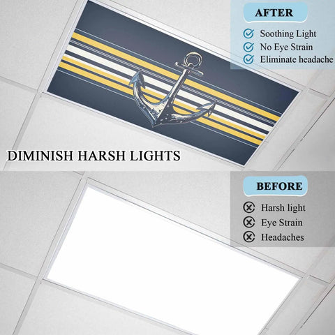 Straight Up Nautical Vibes: 3 Pack Magnetic Ceiling Light Covers For Drop Ceilings, Vintage Blue And Yellow Striped Anchor Fluorescent Lamp Shades That Hits Different For Classrooms And Offices
