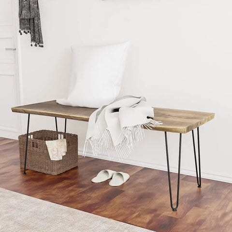 18 Inch Heavy Duty Hairpin Furniture Legs For Nightstands Coffee Tables And Desks Made Of Durable Metal With Rubber Floor Protectors Black Finish Great For DIY Furniture Makeovers And Projects 4 Pack supporting a wooden bench