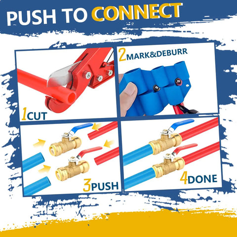 Heavy Duty One Inch Push To Connect Ball Valve With Slick Snap Fast Shut Off Operation For Stress Free Hot Cold Water Plumbing Upgrades That Works Like A Charm For Handymen And Seasoned Pros Alike Pack Of Thirty Pieces installation steps, showing cutting, marking, and fitting ball valves.