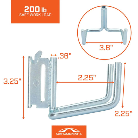 Heavy Duty Dual Arm Tool Hook For E Track And X Track Stores Long Handled Tools Like Brooms And Rakes 200 Lb Capacity Zinc Steel 2.25 Inch Inside Hook Works With Tool Stabilizer For Extra Securement
