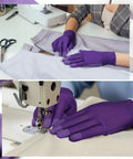 Two Pairs Of Quilting Gloves With PVC Anti Slip Dots In Purple For Free Motion Sewing Gardening And Outdoor Work Cut Resistant Berry Picking And Craft Projects One Size Fits Most, shown in use for sewing.