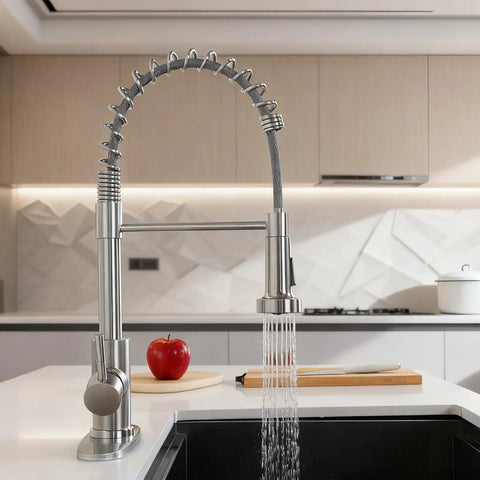 Rock Solid Brushed Nickel Kitchen Faucet With Pull Down Sprayer And 18.5 Inch High Arc Spout Built From Tough Stainless Steel, in action.