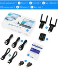 Wireless HDMI 2 Receiver Transmitter Kit For Seamless 2 To 6 Screen Casting Up To 165 Feet Plug And Play No Latency Dual Band 2.4 And 5.8GHz Wireless Splitter For TV DSLR Projector And Other Displays Laptop PC, showing full contents including packaging, transmitters, receivers, cables, and adapter.