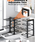 Heavy duty under cabinet pot rack with 8 sturdy tiers; adjustable design for pots/pans up to 12 inches, enhances kitchen organization.