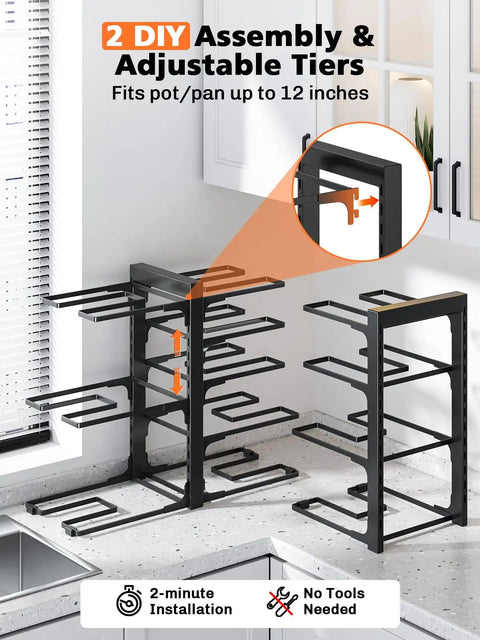 Heavy duty under cabinet pot rack with 8 sturdy tiers; adjustable design for pots/pans up to 12 inches, enhances kitchen organization.