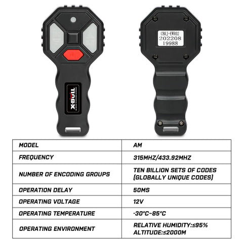 Wireless Winch Remote Control Kit With 2 Button Handset For Cars ATVs And SUVs 12V shown front and back view, operation details.
