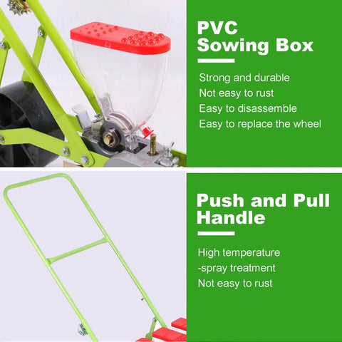 Hand Push Garden Seeder For Row Crops with PVC sowing box and push-pull handle, adjustable depth 0-5cm, spacing 3-50cm.