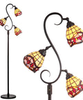 Bronze 70.5-Inch Tiffany-Style 3-Light LED Floor Lamp With Stained Glass Shade Handcrafted Iron Tree Design Multi-Color Glass