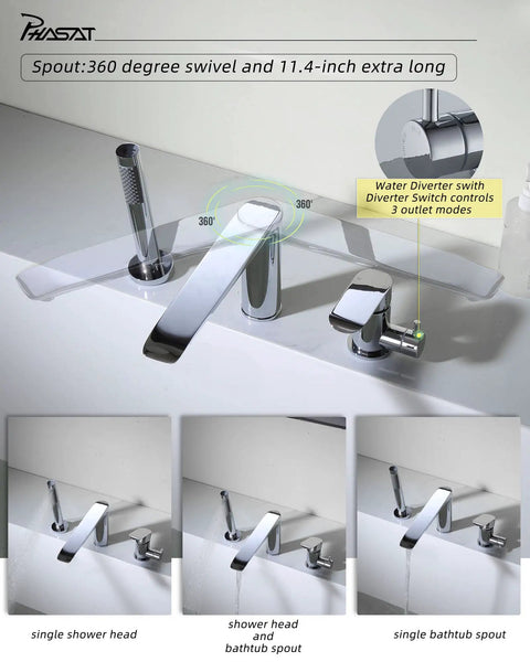 Bathtub Filler With Handheld Shower And Waterfall Spout, 3 Hole Widespread Deck Mounted Roman Tub Faucet Set In Chrome with 360 swivel spout