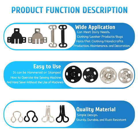 Everyday Quick Fix Hook And Eye Sewing Kit With 112 Pairs In Assorted Sizes showing product function description, applications, and material quality.