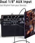 15W Portable Guitar Amp With Bluetooth For Acoustic And Electric Guitars, AUX input with connected device showing music app.