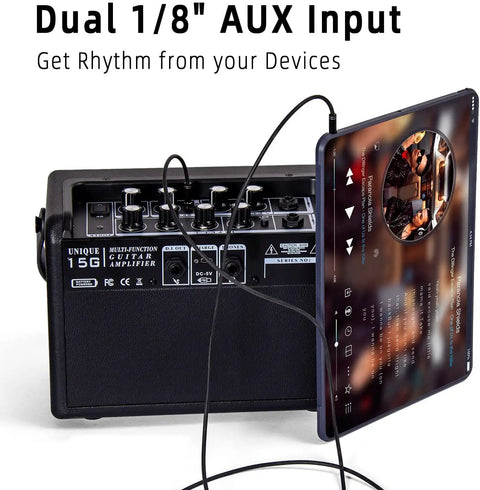 15W Portable Guitar Amp With Bluetooth For Acoustic And Electric Guitars, AUX input with connected device showing music app.