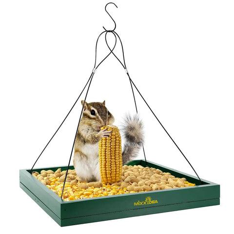 Chipmunk on Hanging Bird Feeder Tray Outdoor Garden Platform Wooden Seed Tray With Mesh Feeding Surface For Yard And Patio