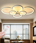 Person using remote on Six Ring LED Ceiling Light With Remote Control Dimmable White Flush Mount Fixture For Living Room Bedroom Dining Room Kids Room Sleek Modern Aluminum 55W Energy Saving Ceiling Lamp