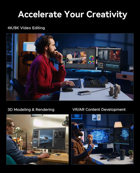 Two creative professionals working with multiple monitors for 4K video editing, 3D modeling, and VR content using a Legit External M.2 NVMe SSD Adapter.