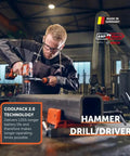 Man using 18V Brushless Cordless Drill Driver Set Packs Badass Torque And Four Speeds Hammer Mode to work on metal.