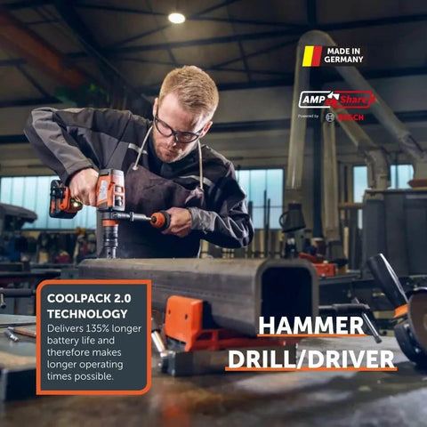 Man using 18V Brushless Cordless Drill Driver Set Packs Badass Torque And Four Speeds Hammer Mode to work on metal.